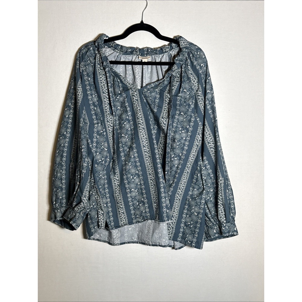 ANA Womens Blue Printed V Neck Peasant Blouse Size 3X Long Sleeve Boho Top